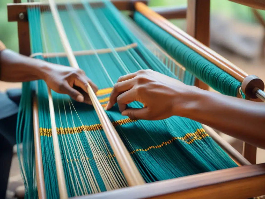 Artesano indígena tejiendo textiles con alma en telar de madera, destacando colores y patrones intrincados