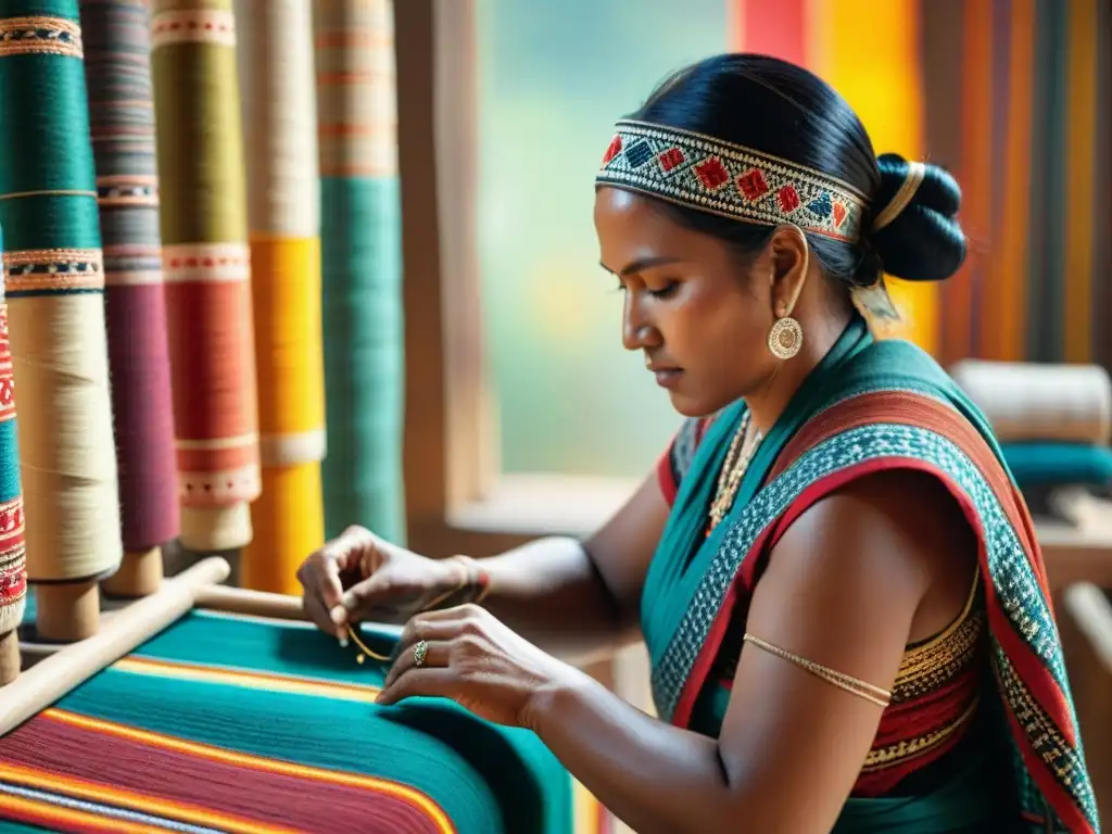 Un artesano indígena tejiendo textiles con alta costura y tendencias en un taller colorido