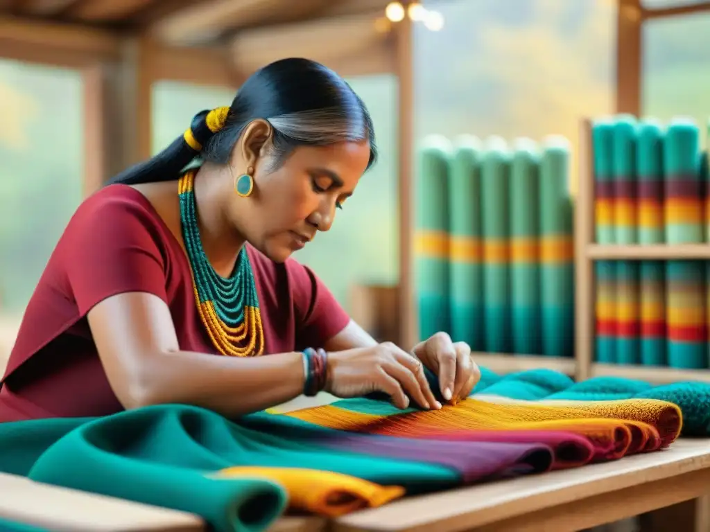 Un artesano indígena teje textiles coloridos en taller iluminado, reflejando herencia cultural