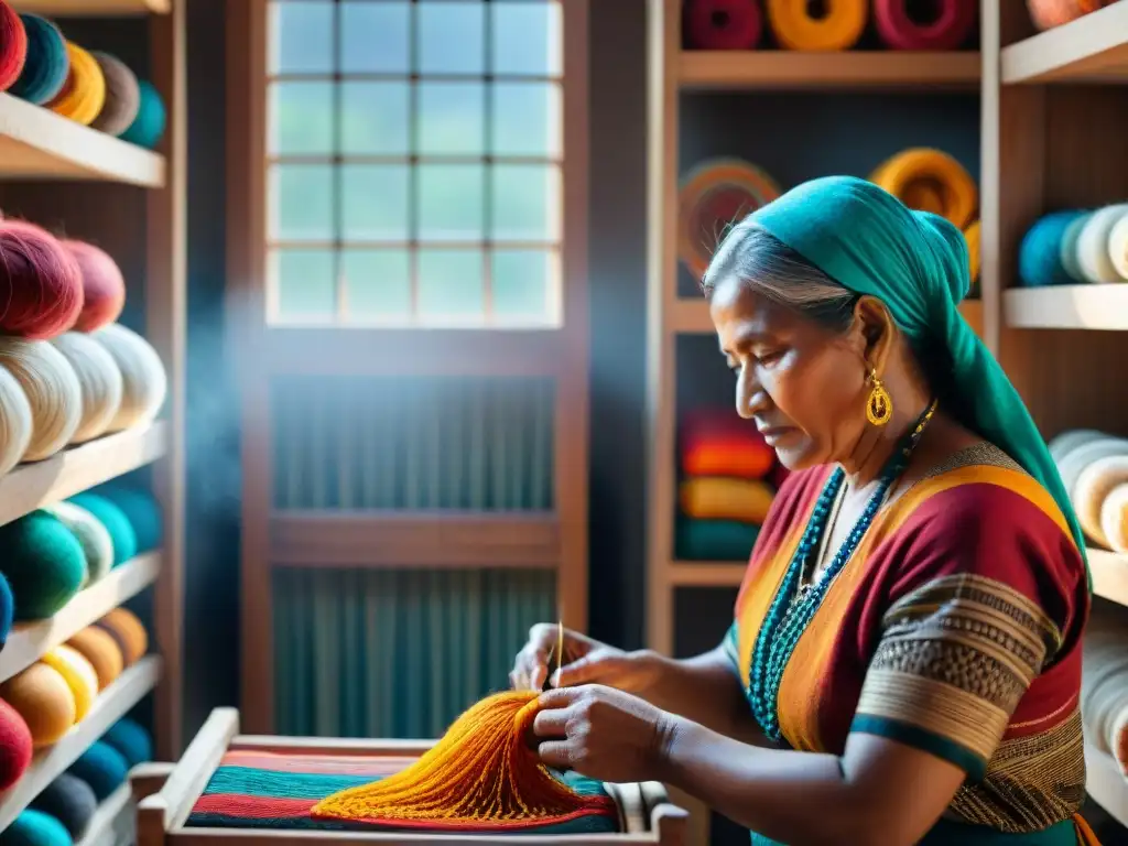 Un artesano indígena tejiendo textiles con patrones intrincados, rodeado de colores vibrantes y luz cálida