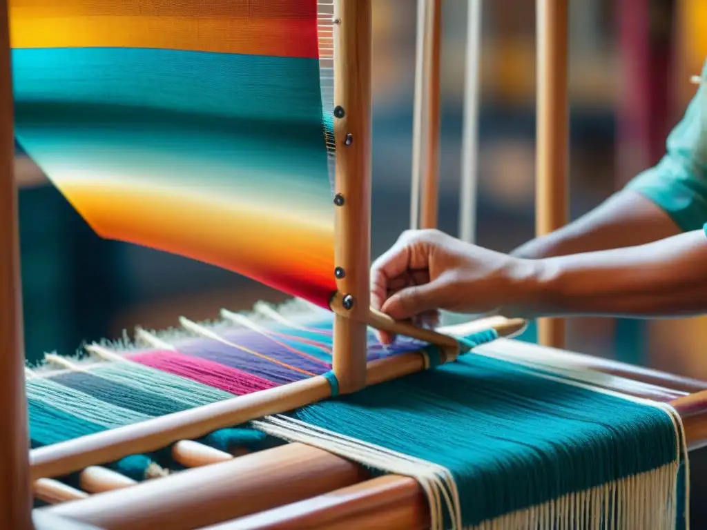 Hábil artesano indígena tejiendo textiles tradicionales rodeado de hilos coloridos y patrones intrincados en un telar de madera, en una tienda online de moda indígena tradicional