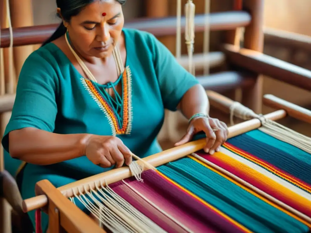 Un artesano indígena teje textiles vibrantes en telar de madera