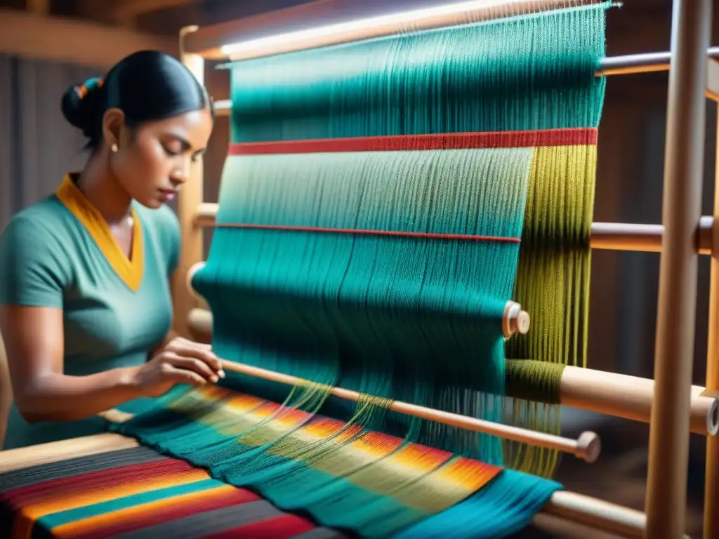 Un artesano indígena crea textiles vibrantes en un telar, resaltando la colaboración y la artesanía tradicional