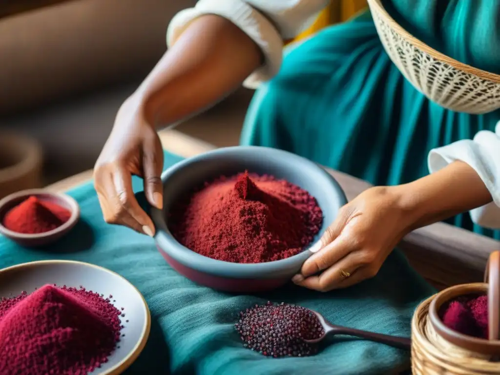 Un artesano indígena extrae cuidadosamente tinte rojo de insectos cochinilla, mostrando el arte de los tintes naturales