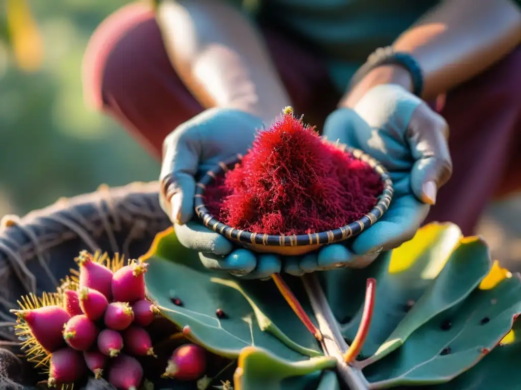 Artesano indígena extrayendo tintes naturales de cochinilla en nopal, resaltando la cultura y técnicas sostenibles