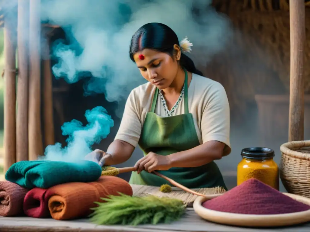 Artesano indígena extrayendo tintes naturales en prácticas sostenibles de coloración textil