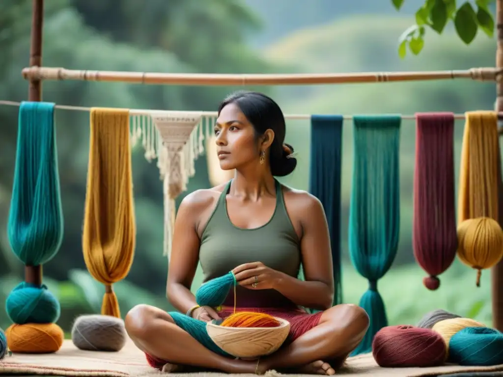 Artesanía ancestral: tejedora indígena con telar de cintura Un artesano indígena tejiendo en telar tradicional, fusionando técnicas ancestrales con diseño moderno