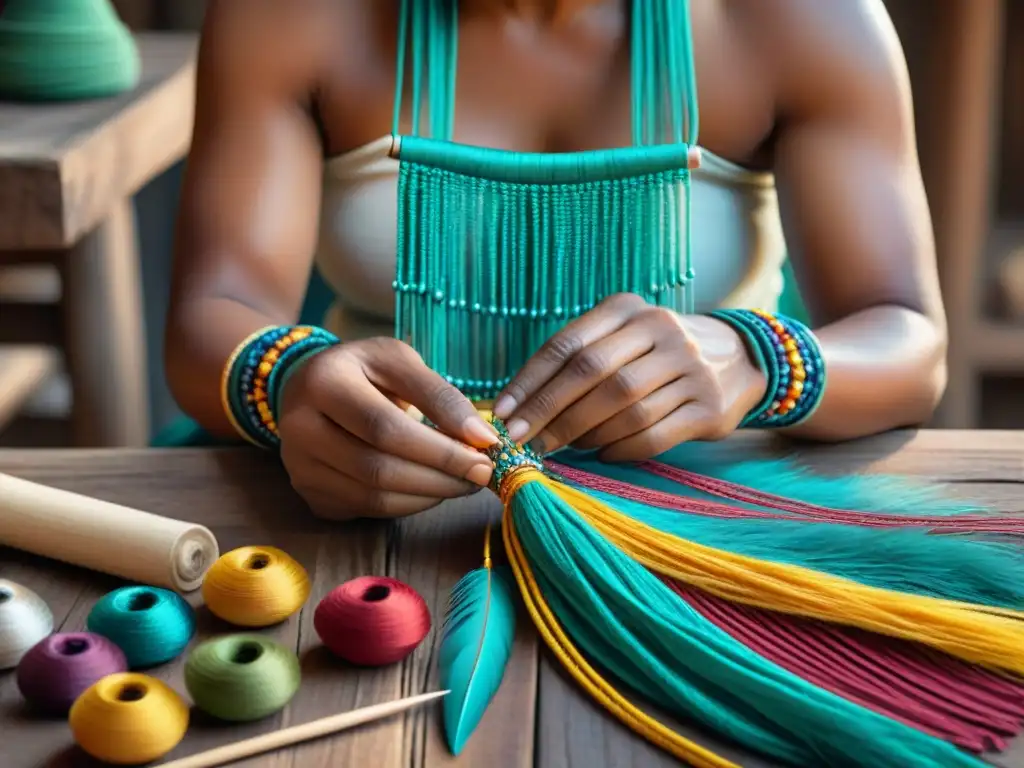 Un artesano indígena tejiendo con precisión accesorios tradicionales rodeado de coloridas cuentas y plumas