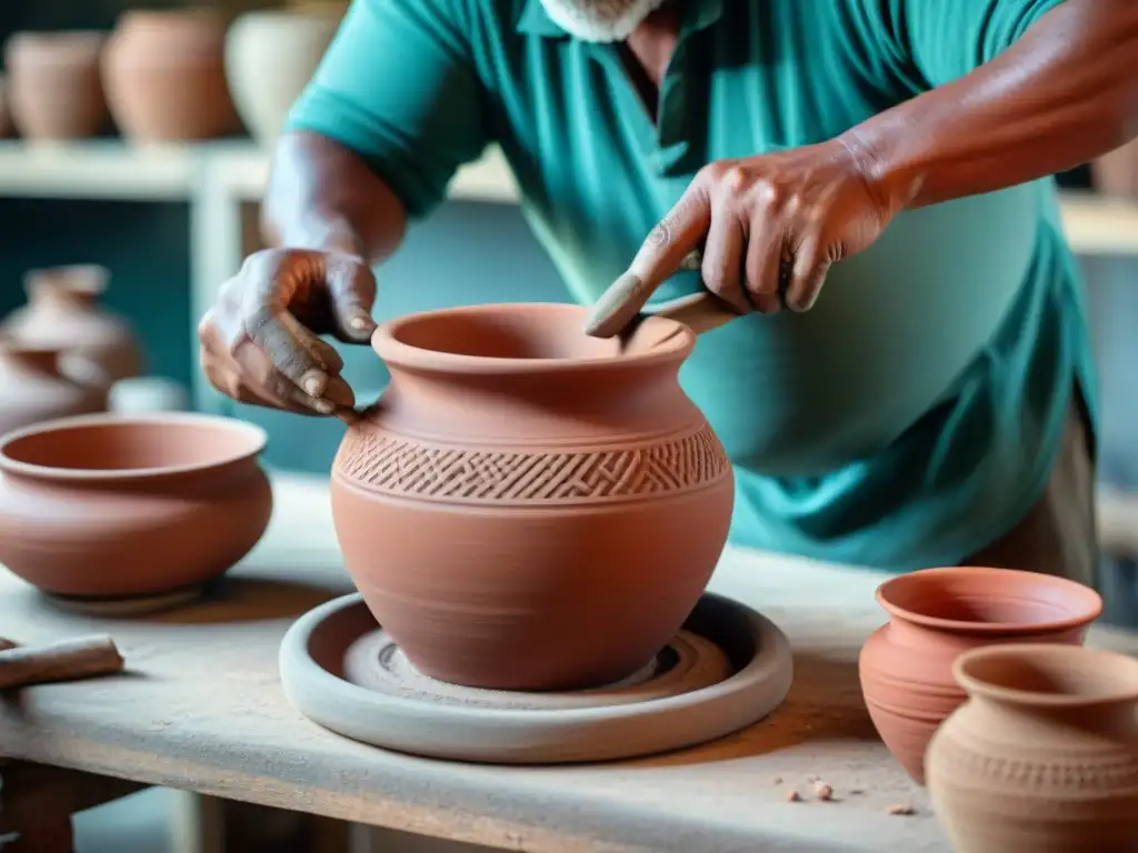 Artesano indígena moldeando una vasija de barro con técnicas ancestrales en alfarería indígena tradicional en América