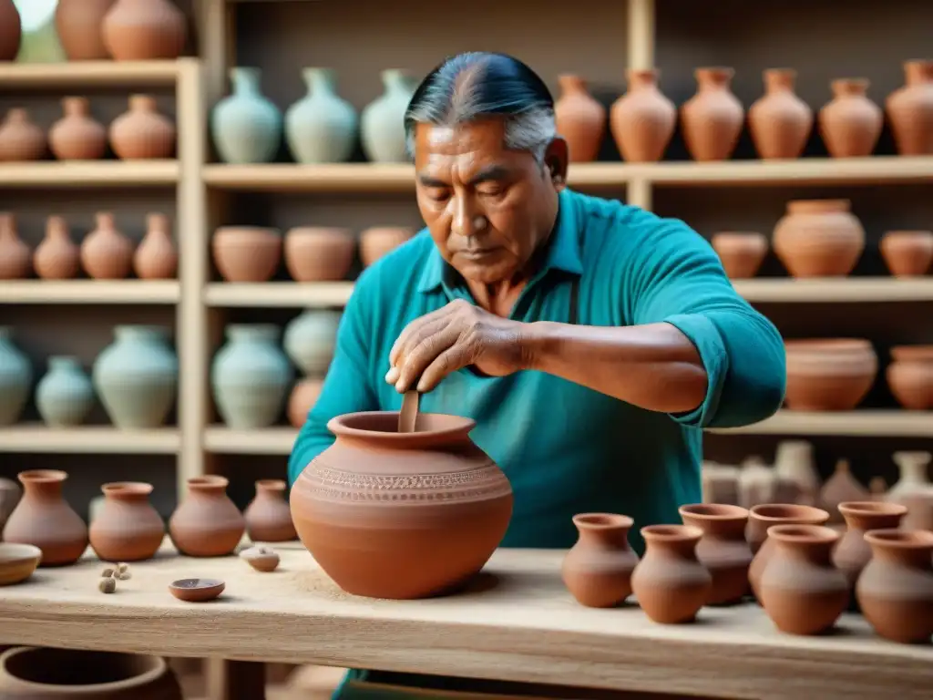 Un artesano indígena moldea una vasija de barro en su taller, rodeado de alfarería tradicional en América