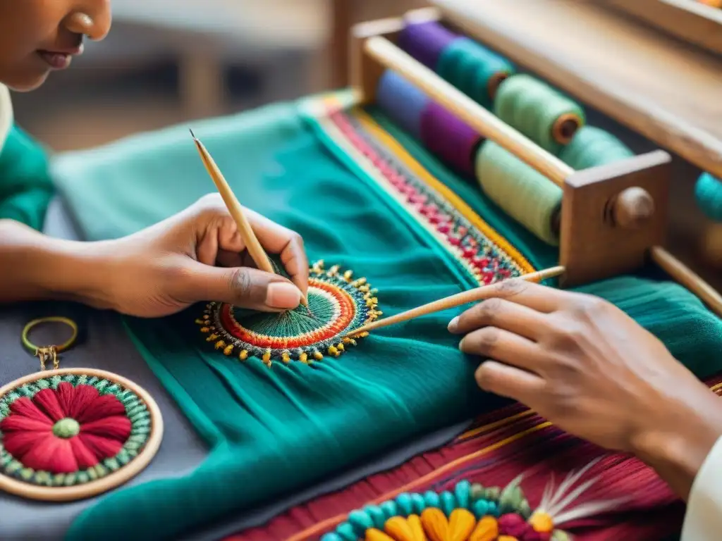 Hábil artesano indígena bordando un vibrante textil, reflejando la herencia cultural y la importancia de los textiles indígenas con conciencia