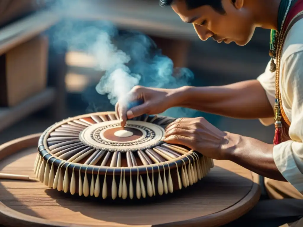 Artesano creando instrumento musical indígena con materiales naturales