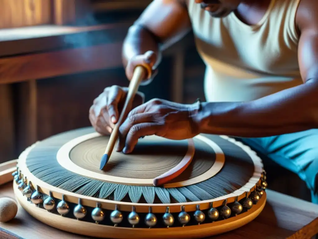 Un artesano restaura con maestría un instrumento musical indígena, rescatando su valor histórico