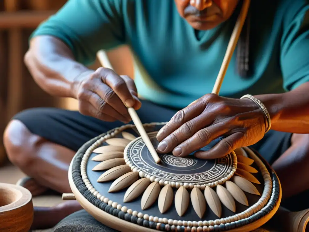 Artesano crea instrumentos indígenas precolombinos sonidos con destreza ancestral en taller iluminado