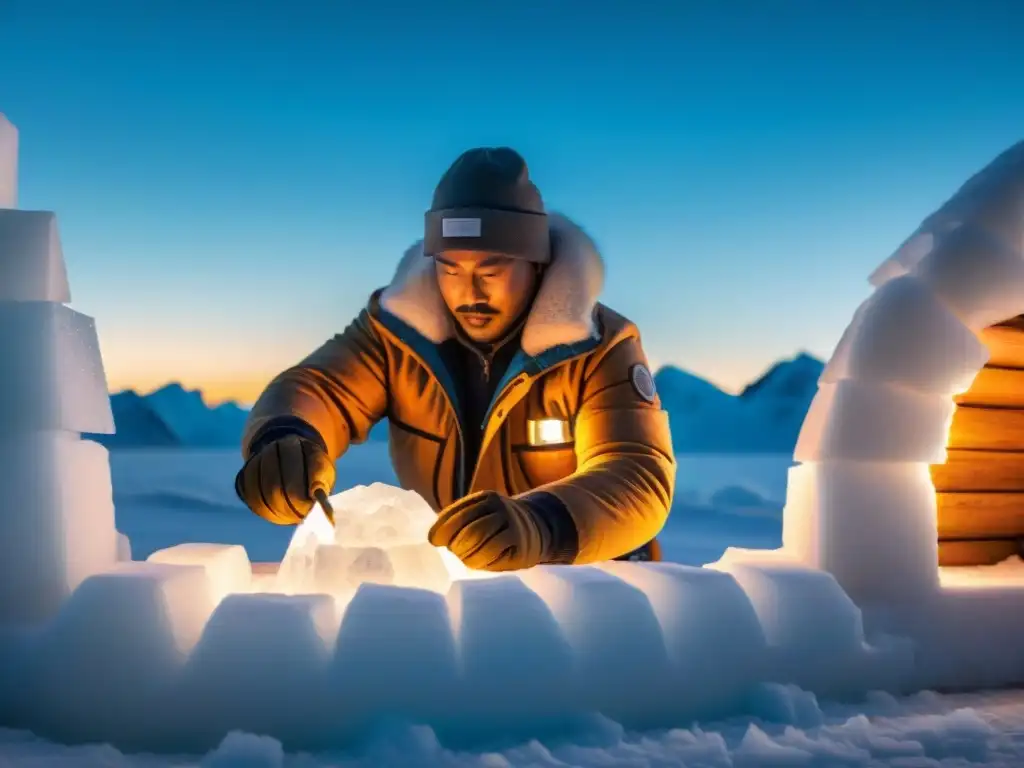 Un artesano inuit esculpe bloques de hielo para construir un iglú, destacando la arquitectura tradicional de los Inuit