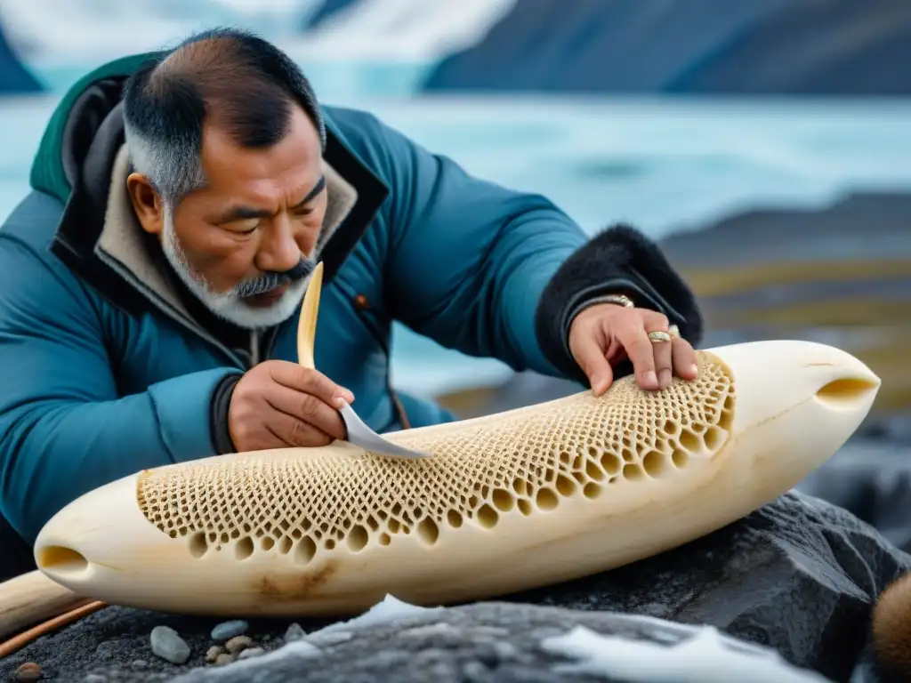 Un artesano inuit esculpe con detalle un colmillo de morsa, en un paisaje helado