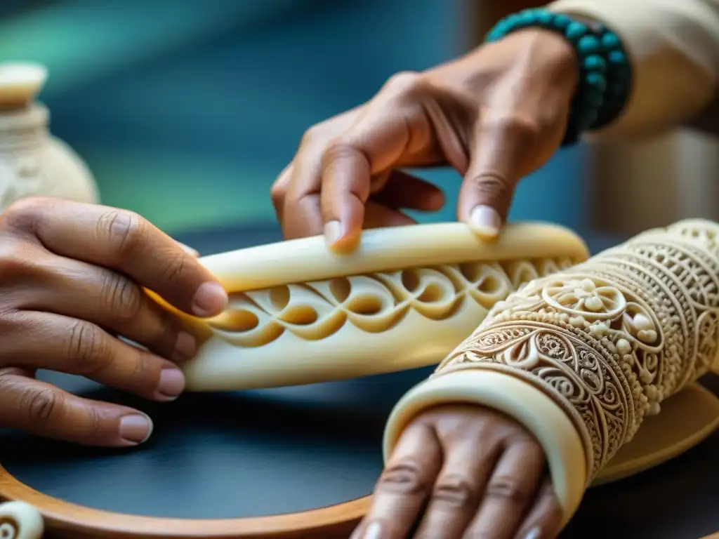 Un artesano inuit tallando un intrincado brazalete de marfil de morsa, revelando significados ocultos