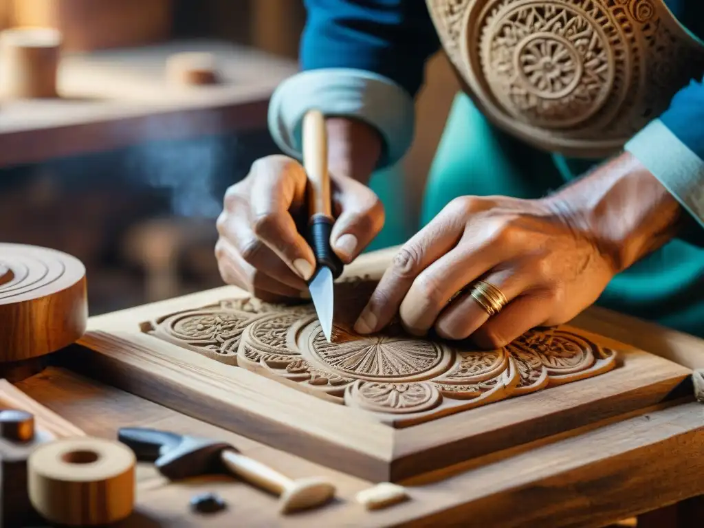 Artesano tallando madera con herramientas tradicionales en talleres culturales para viajeros