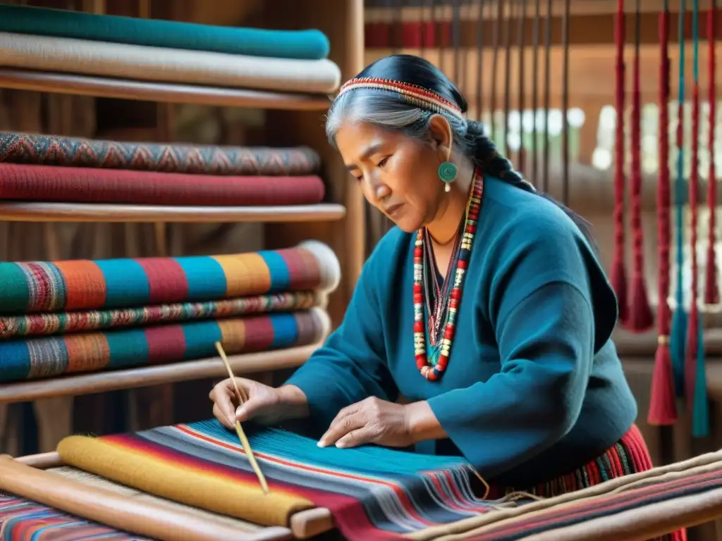 Un artesano Mapuche teje con detalle en un telar, rodeado de hilos de colores y herramientas de trabajo, destacando el Lenguaje de textiles Mapuches