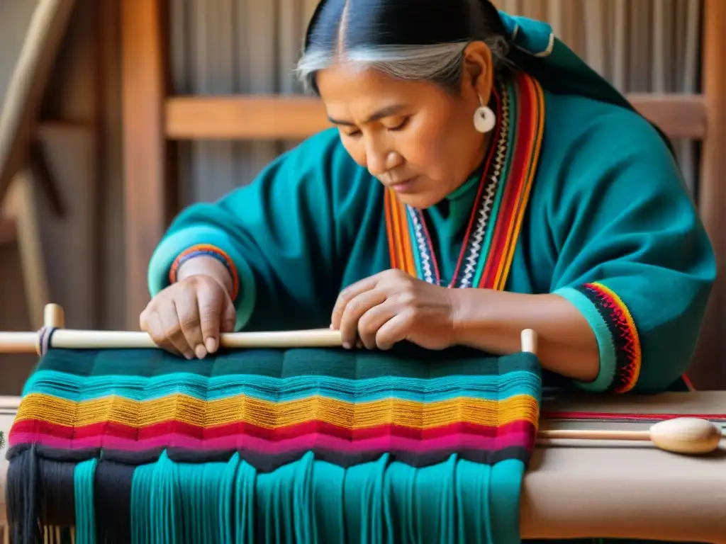 Un artesano Mapuche teje patrones coloridos en un telar de cintura, mostrando el Lenguaje de textiles Mapuches