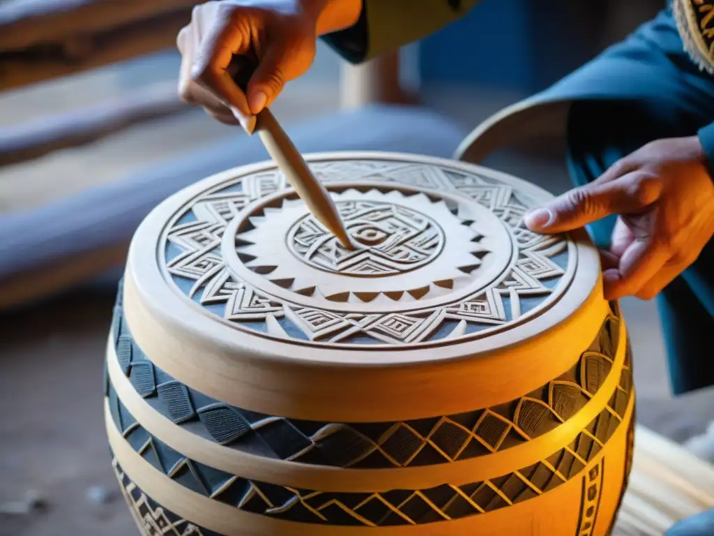 Un artesano Mapuche grabando símbolos en un kultrun, resaltando la rica tradición y significado cultural de este tambor ancestral