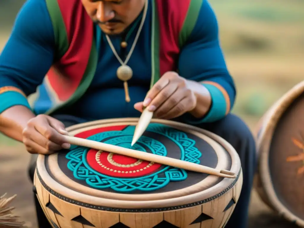 Un artesano Mapuche talla diseños en un kultrun, reflejando la tradición y significado de este tambor en la cultura Mapuche