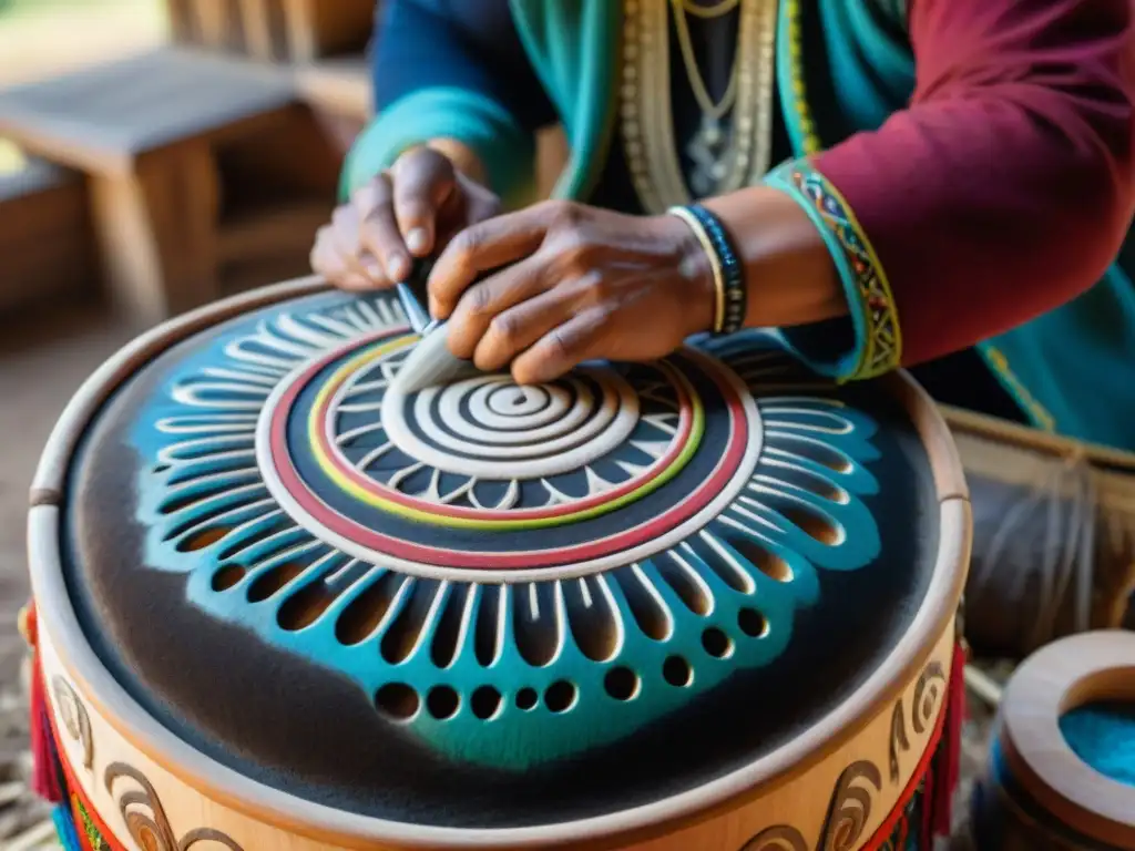 Un artesano Mapuche talla diseños tradicionales en un kultrun, demostrando el significado kultrun Mapuche tradición con maestría y color