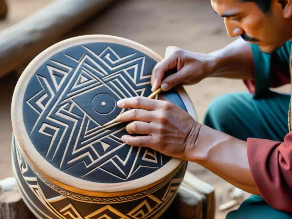 Artesano Mapuche talla patrones en kultrun, destacando la rica textura de la madera y la tradición cultural