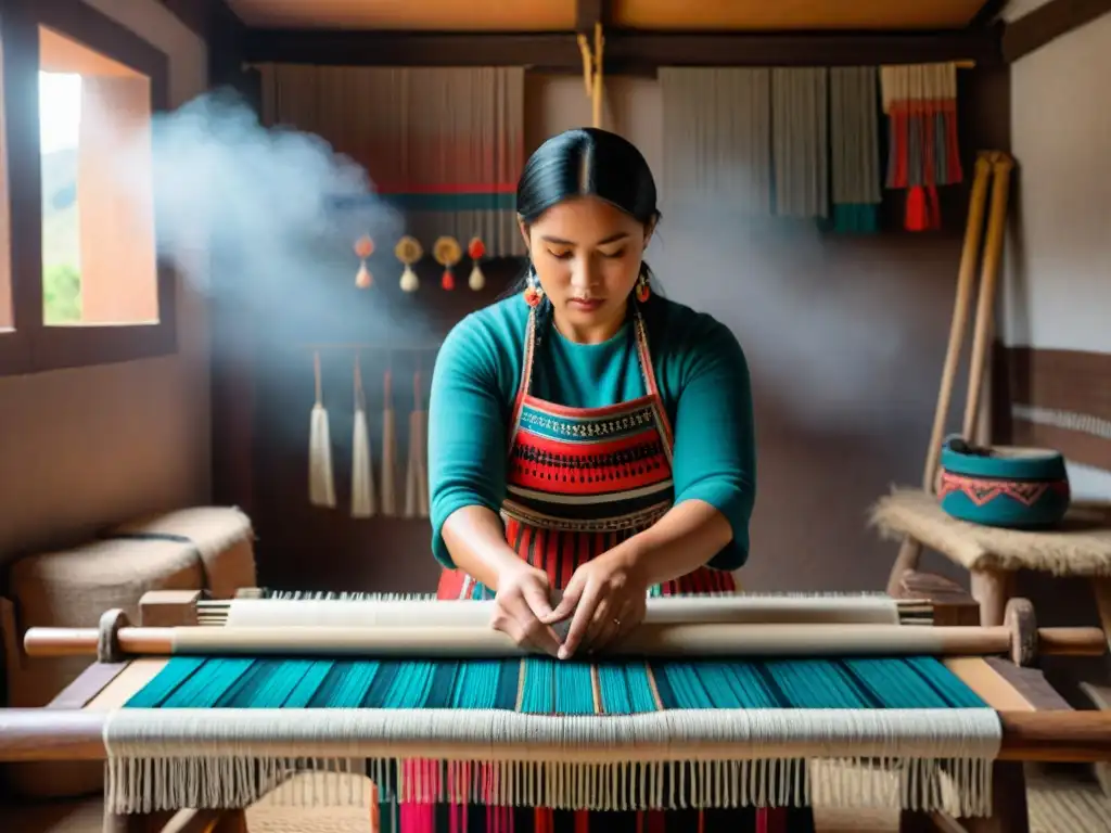 Artesana Mapuche tejiendo diseño tradicional con destreza Un artesano Mapuche teje con determinación, preservando técnicas textiles Mapuche en un telar colorido