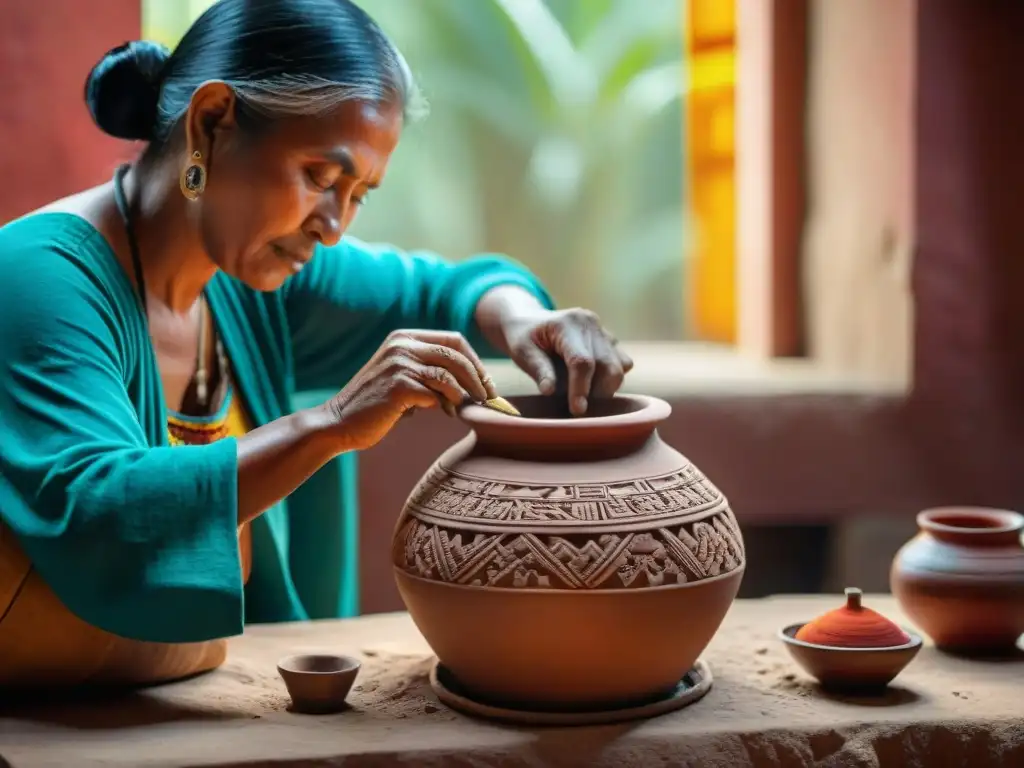 Un artesano maya moldea una olla de barro, resaltando la historia cultura arte indígena en colores y patrones vibrantes