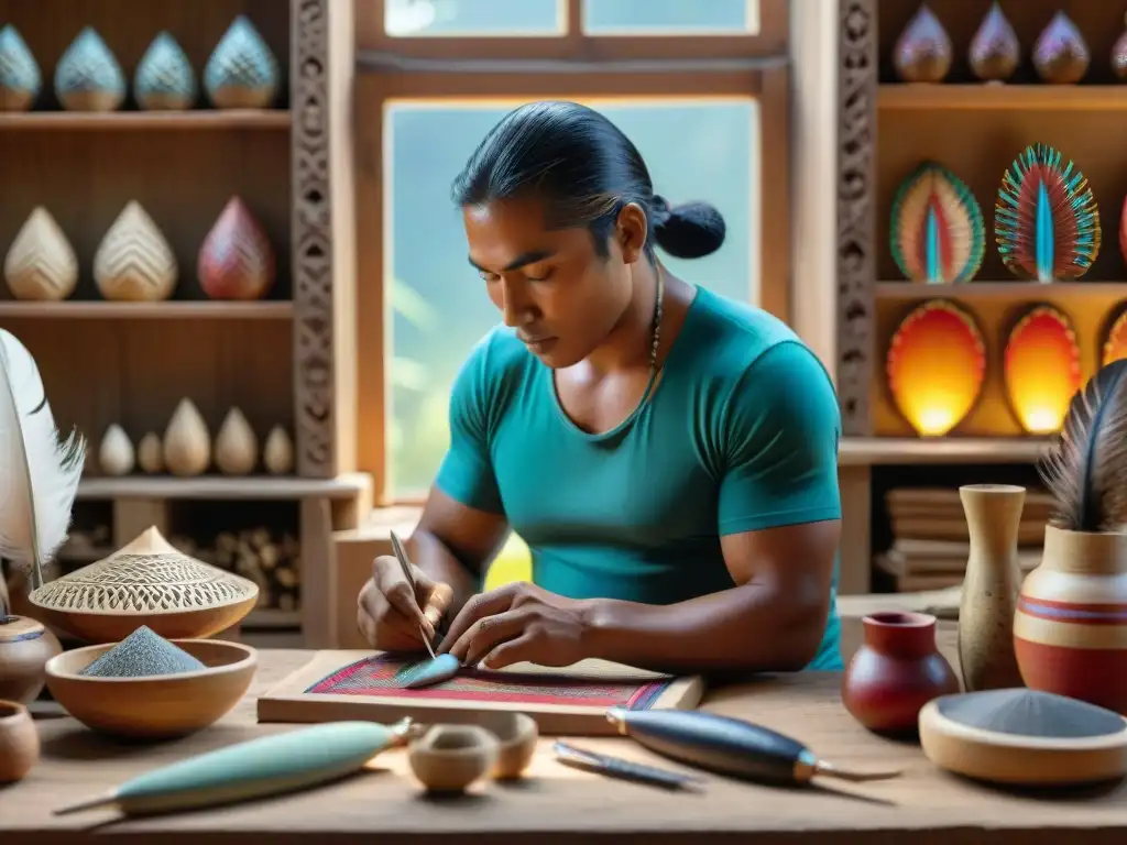 Un artesano en Mesoamérica talla un aerófono indígena, rodeado de plumas y pigmentos naturales en un taller iluminado por el sol