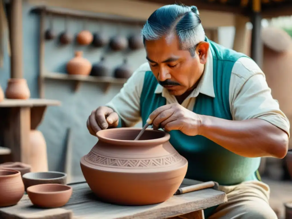 Artesano mexicano crea jarro de barro para raicilla en taller rústico