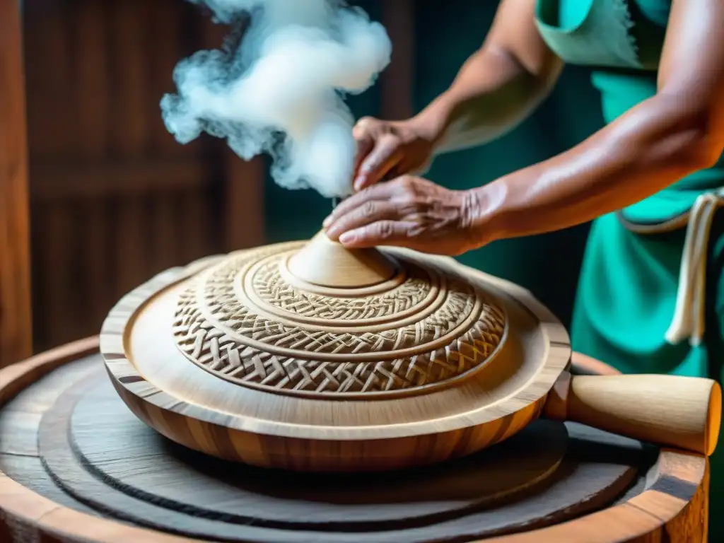 Un artesano mexicano tallando un molinillo de madera para tejuino, resaltando la importancia cultural del Tejuino