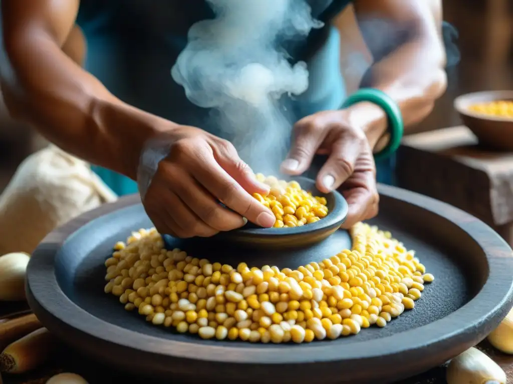 Artesano mexicano preparando tejuino en metate, resaltando la importancia cultural del Tejuino