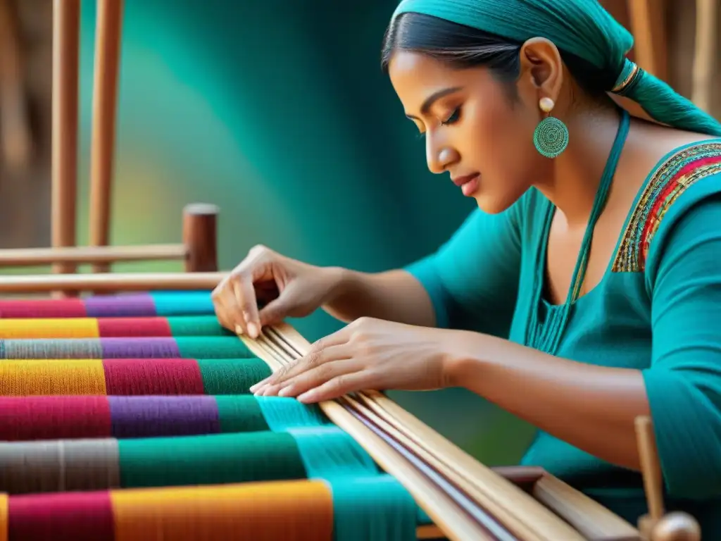 Un artesano Muisca teje con destreza un textil vibrante en un telar de madera, rodeado de colores y símbolos ancestrales