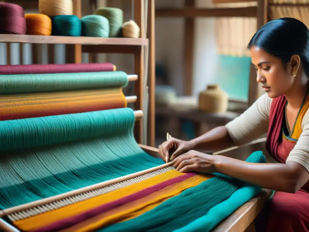 Un artesano Muisca tejiendo textiles con destreza, conservando la historia y el arte de su pueblo