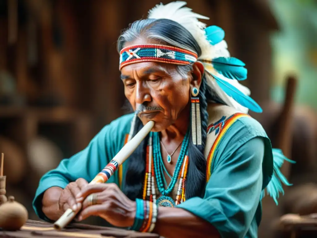 Artesano nativo americano creando flauta tradicional rodeado de plumas y detalles, tipos de flautas nativas americanas