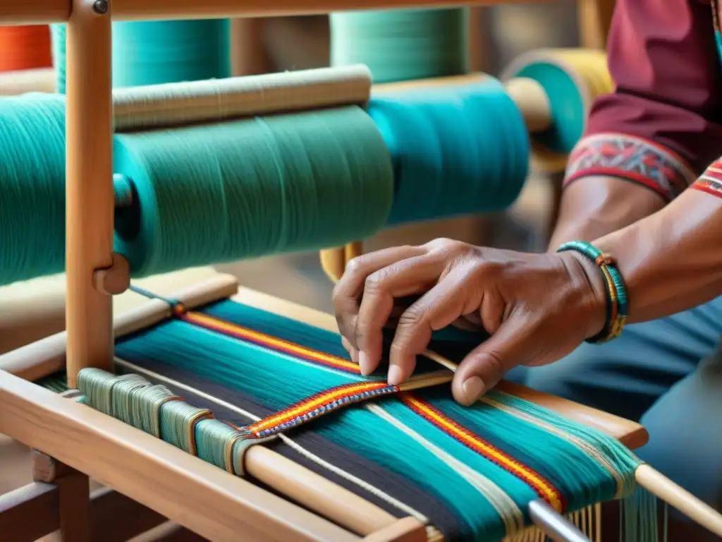 Un artesano navajo tejiendo un cinturón tradicional en un telar de madera, resaltando el significado cultural de los cinturones navajos