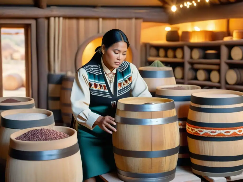 Un artesano Navajo fermenta saké tradicional rodeado de ingredientes indígenas en una cocina acogedora