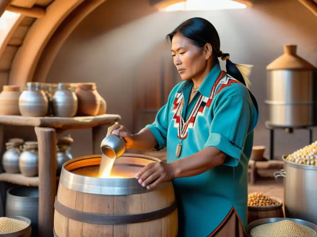 Un artesano Navajo elaborando sake tradicional en barril de madera, rodeado de ingredientes indígenas