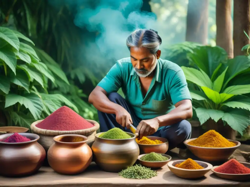 Un artesano rural extrayendo tintes naturales de plantas, resaltando las prácticas sostenibles de coloración textil