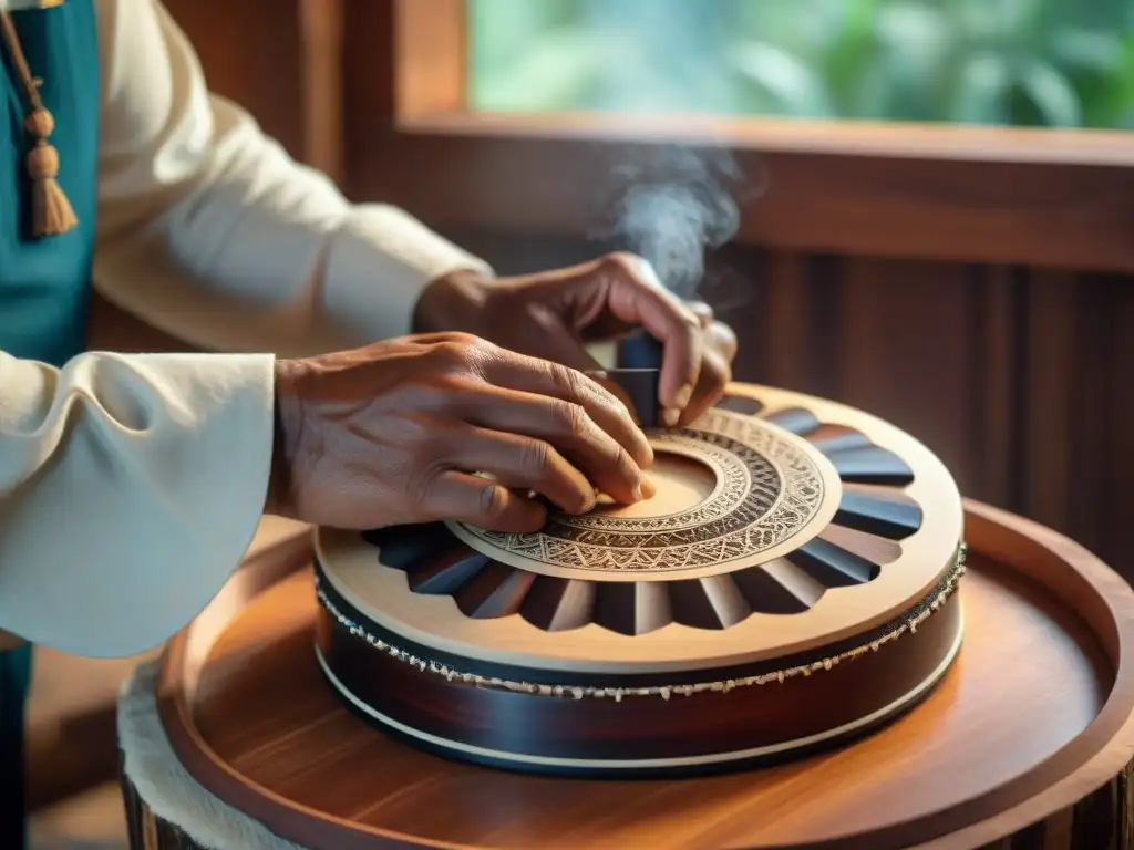 Un artesano talla con destreza un instrumento indígena tradicional en madera oscura, resaltando cada detalle de la construcción