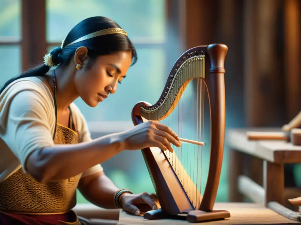 Un artesano talla detallados diseños en un marco de madera de un arpa indígena, resaltando la tradición y destreza