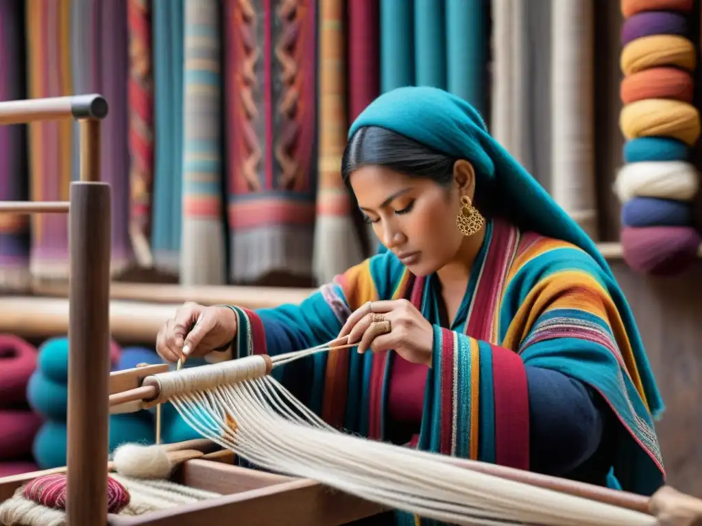 Un artesano textil andino teje con destreza lana de alpaca en un telar de madera, rodeado de colores y tradición