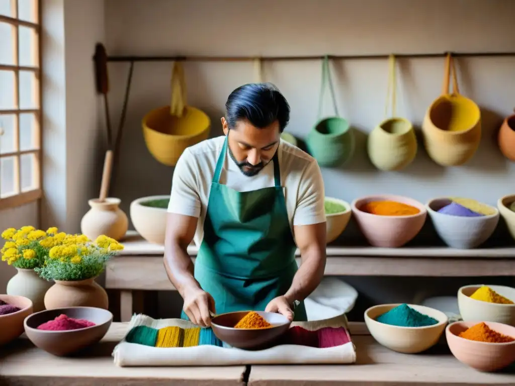 Un artesano tiñendo tela con tintes naturales en taller tradicional