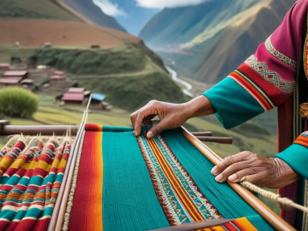 Artesanos andinos tejiendo textiles tradicionales con patrones coloridos en telar de madera, en la majestuosa cordillera