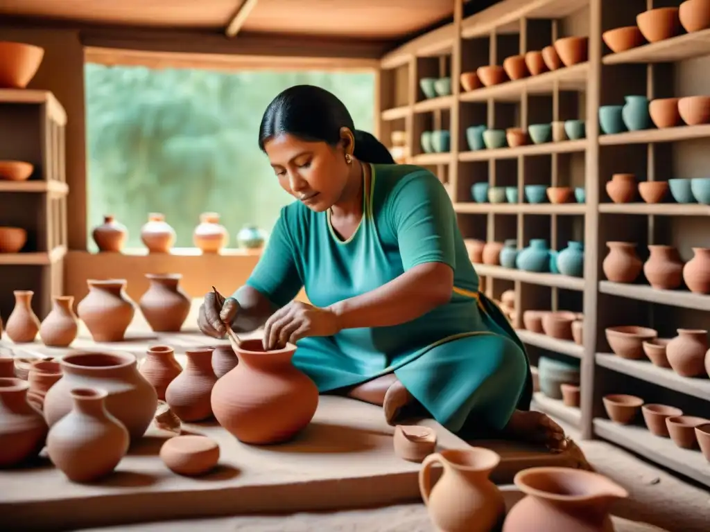 Artesanos indígenas preservando la alfarería en un taller tradicional lleno de cerámica colorida, iluminado por luz natural