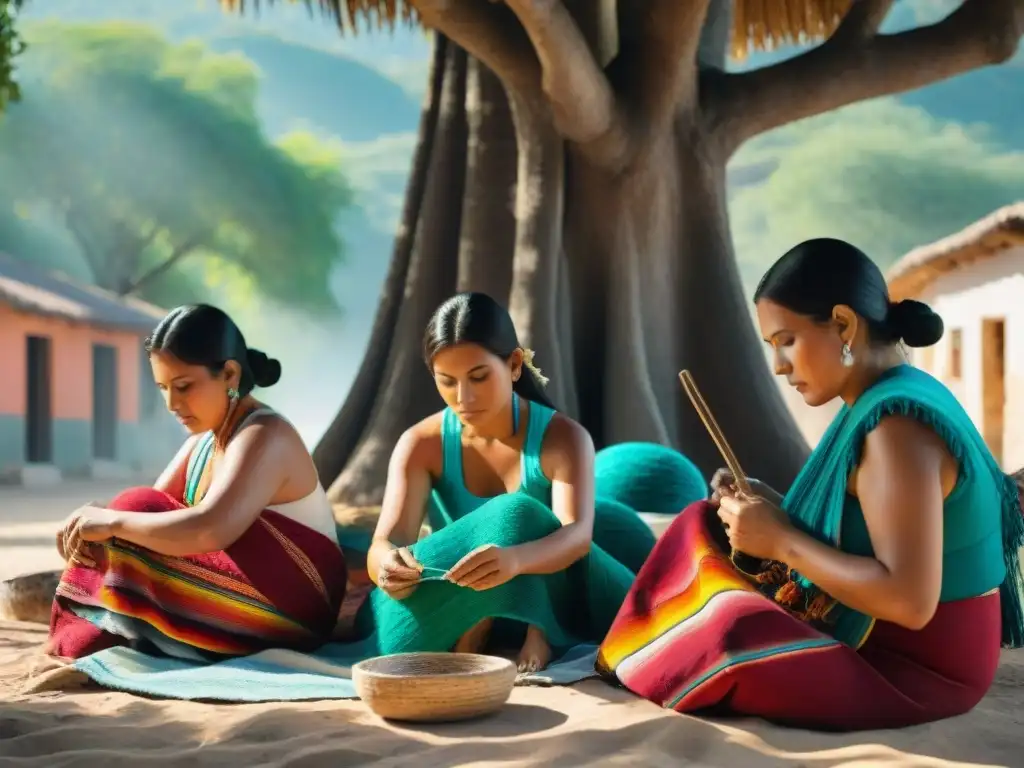 Artesanos indígenas de México tejiendo bajo un árbol, preservando la cultura indígena de México