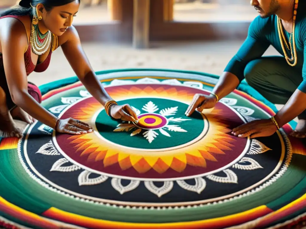 Artesanos indígenas crean mandala de arena con precisión y coloridos pigmentos, en un ritual de arte y tradición