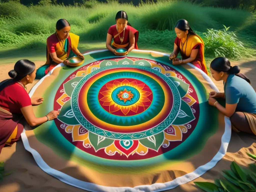 Artesanos indígenas crean mandala de arena rodeados de comunidad en un claro del bosque